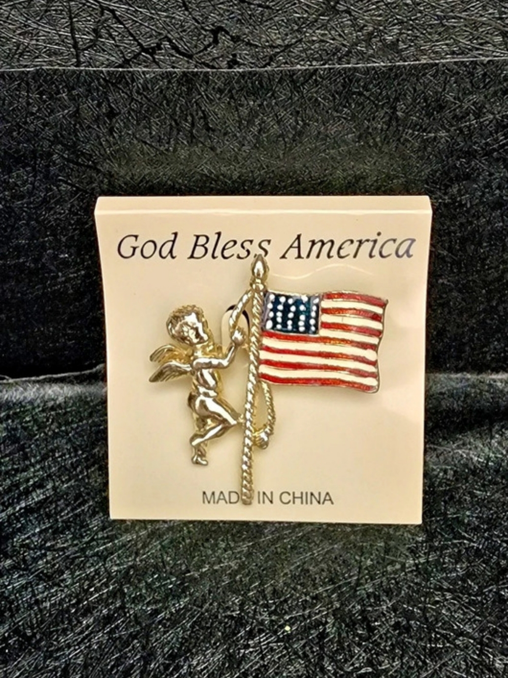 God Bless America Angel and Flag Pin Brooch, Gold & Red